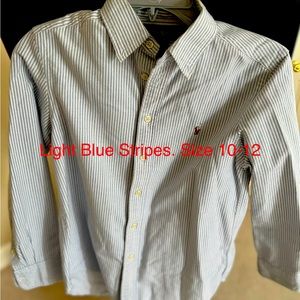 Light blue and white striped button down shirt for boys. Size 10-12